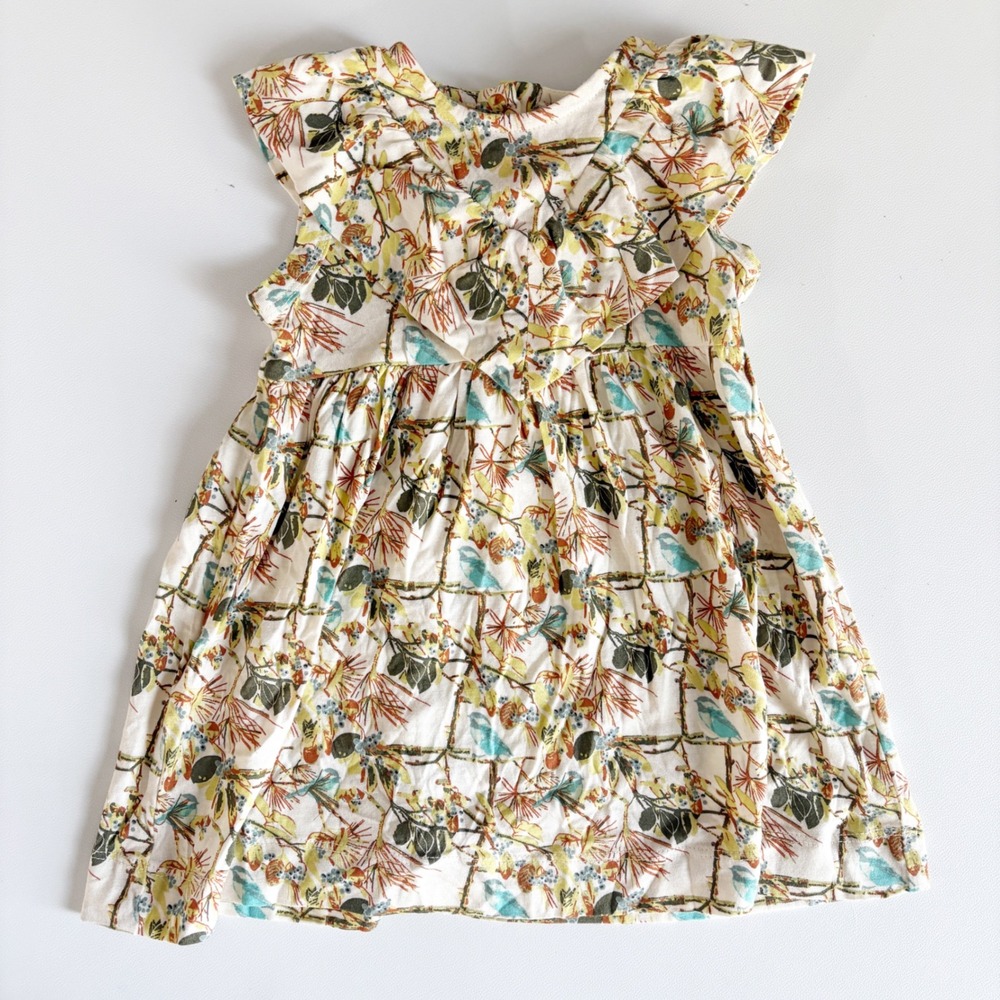 NWT Kate Quinn Baby Girls Bird Print Boho Cottagecore Flutter Dress Size 6-12m